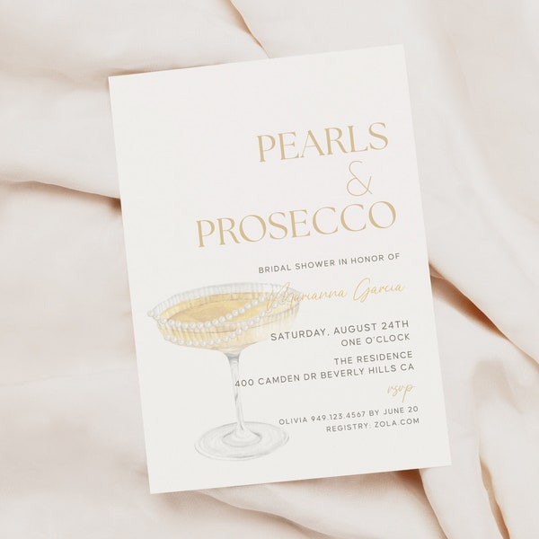 Parels & Prosecco Bruidsbaby Bruiloft Douche Galentines Verjaardag Uitnodigen E-vite 5"x7"