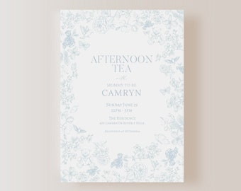 Blue Toile Afternoon Tea Brunch Baby Shower Sprinkle Invite E-vite 5"x7"
