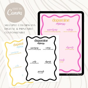 Könnte beinhalten: Drei druckbare Menüvorlagen mit einem Dopamin-Thema. Die Menüs sind in Schwarz, Gelb und Pink mit einem wellenförmigen Rand. Der Text auf den Menüs umfasst "Dopamin-Menü", "Vorspeisen", "Hauptgerichte", "Desserts", "Beilagen", "Spezialitäten" und "WISHBONE".