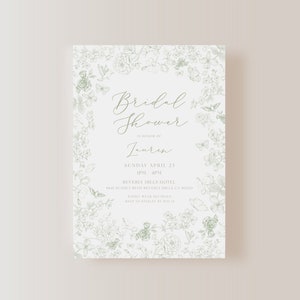 Sage Toile Afternoon Tea Brunch Bridal Shower Invite E-vite 5&quot;x7&quot;