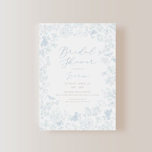 Blue Toile Afternoon Tea Brunch Bridal Shower Invite E-vite 5"x7"