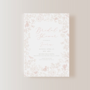 Rose Pink Toile Afternoon Tea Brunch Bridal Shower Invite E-vite 5&quot;x7&quot;