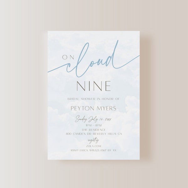 On Cloud Nine 9 In The Clouds Bridal Baby Wedding Shower Birthday Invite E-vite 5"x7"