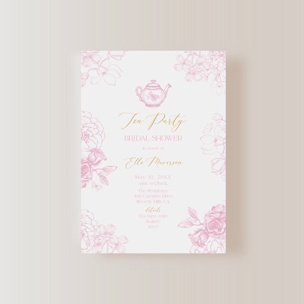 Toile Afternoon Tea Party Garden Party Bridal Baby Brunch Shower Sprinkle Invite E-vite 5"x7"