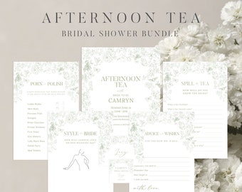 Sage Toile Afternoon Tea Bridal Brunch Shower Invite Evite Welcome Sign Game Favor Bundle