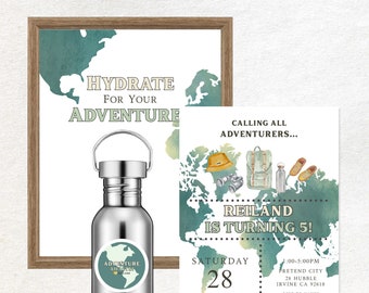 Adventurer Adventure Awaits Map Globe World Traveler Unisex Birthday Invite Table Sign Sticker Digital Party Kit