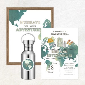 Adventurer Adventure Awaits Map Globe World Traveler Unisex Birthday Invite Table Sign Sticker Digital Party Kit