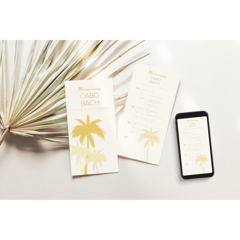 Neutral Palm Trees Bachelorette Invite E-vite Itinerary 4x8 Cabo Cancun Tulum Miami Bali Hawaii image 4