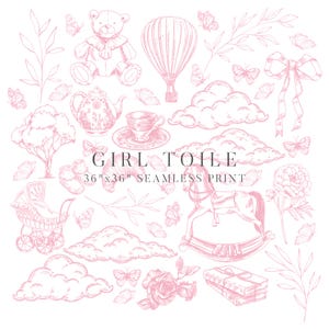 Ragazza rosa Toile Bear Tea Party Fiori Farfalle Mongolfiera Cavallo a dondolo Libri Stampa senza soluzione di continuità Opera d'arte digitale 36"x36"