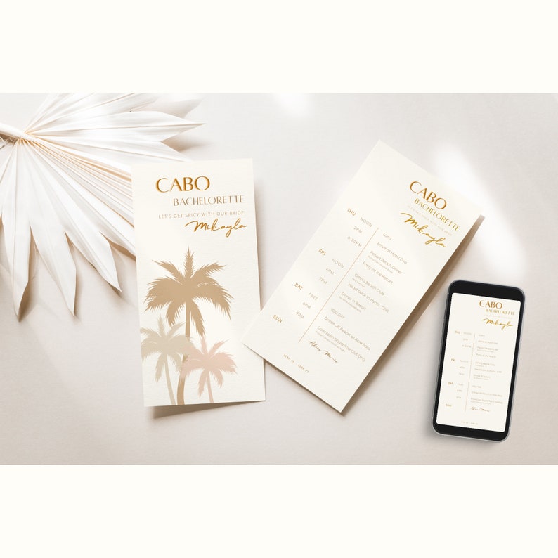 Neutral Palm Trees Bachelorette Invite E-vite Itinerary 4x8 Cabo Cancun Tulum Miami Bali Hawaii image 3