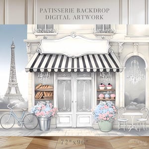 Patisserie Cafe & Torre Eiffel Paris Bonjour Bebe Sposa Bambino Rivelazione del sesso Sfondo per la festa nuziale Opera d'arte digitale 72"x96"