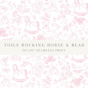 Impresión sin costuras de oso y caballo balancín en toile rosa de 36 x 36 pulgadas