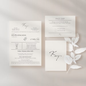 Invitación electrónica neutral, moderna, atemporal y personalizable para bodas vietnamitas y juego de tarjetas de confirmación de asistencia