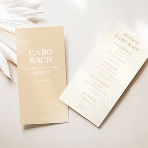 Tropical Palm Leaf | Bachelorette Invite E-vite + Itinerary 4&quot;x8&quot; | Cabo Tulum Miami Bali Hawaii Costa Rica