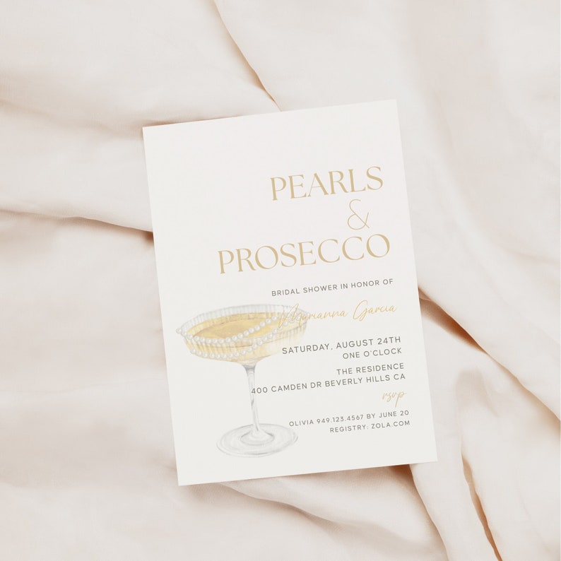 Pearls & Prosecco Bridal Baby Wedding Shower Galentines Birthday Invite E-vite 5x7 image 1