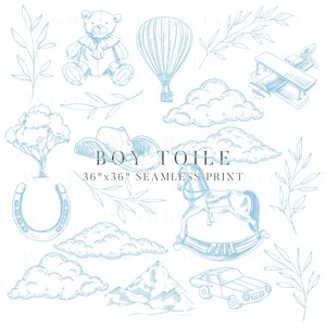 Blue Boy Toile Bear Cavallo a dondolo Western Car Aereo Mongolfiera Nuvole Stampa senza cuciture 36"x36"