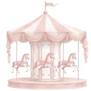 May include: A watercolor illustration of a carousel in soft pink and white. The carousel features three white horses with pink saddles, a striped canopy, and decorative draping. A small flag tops the carousel.