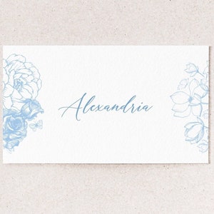 Cartão de lugar plano dobrado em toile floral azul, chá de bebê, brunch polvilhado, 2 "x 3,5"