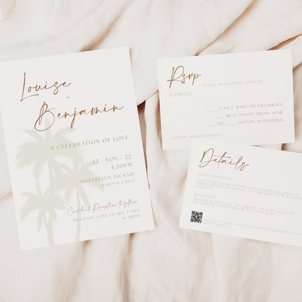 Neutral Palm Trees Beach Vibes | Destination Wedding Invite E-vite 5"x7" + RSVP Card 3.5" x 5" | Cabo Tulum Palm Springs Hawaii Bali