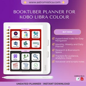 May include: A digital planner for Kobo Libra Colour, displayed on a white tablet with a stylus. The planner includes sections for YouTube channel configuration, analytics, and SEO. It offers monthly, weekly, and daily planning tools.