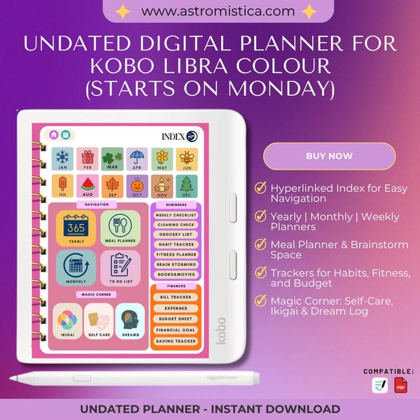 Undated Kobo Libra Color Planner | Color Template | Annual, Daily, Weekly, Monthly, Calendar | Starting Monday