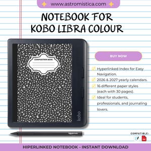 Puede incluir: Un cuaderno digital para Kobo Libra Colour con un diseño de libro de composición. Incluye un índice con hipervínculos, calendarios de 2026 y 2027 y 16 estilos de papel. Incluye un lápiz óptico. El texto de la imagen dice "Notebook for Kobo Libra Colour".