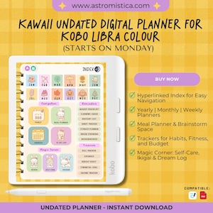 Puede incluir: Un planificador digital para Kobo Libra Colour con un lápiz óptico blanco. El planificador presenta un diseño kawaii con secciones para planificación anual, mensual y semanal, seguimiento de hábitos y autocuidado. El texto incluye "Kawaii Undated Digital Planner" y "Buy Now."