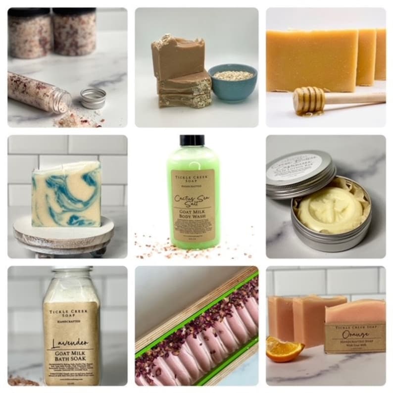 May include: Assortment of handmade bath and body products including goat milk soap, bath soak, and body wash. The products are in various colors and scents, including lavender, orange, and cactus sea salt.