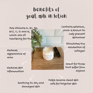 May include: A white jar of goat milk face lotion with a brown lid. The jar is labelled "Buckle Creek Soap Lavender + Green Tea Face Lotion". The image also includes text describing the benefits of goat milk in lotion, such as reducing the appearance of acne, soothing dry and damaged skin, and helping to remove dead skin cells for brighter skin.