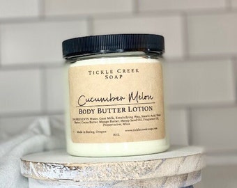 Concombre et melon, beurre corporel, lotion hydratante au lait de chèvre, lotion faite main, crème pour le corps, lotion épaisse, beurre corporel émulsifié, lotion naturelle
