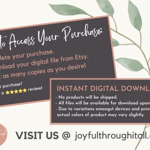 Puede incluir: Un gr&aacute;fico rosa y negro con el texto "How to Access Your Purchase:" y una lista de instrucciones. El texto "INSTANT DIGITAL DOWNLOAD" est&aacute; en blanco sobre fondo negro con una lista de detalles sobre la descarga. El texto "VISIT US @ joyfulthroughitall.com" est&aacute; en blanco sobre fondo negro.