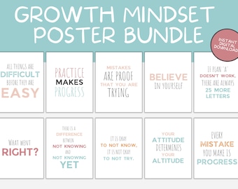 Growth Mindset Classroom Printable Posters, Growth Mindset Posters, Classroom Decor, Classroom Quotes, Children's Playroom, Digital Download