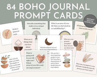 84 BOHO Self Discovery Journal Prompts, Self Reflective Journal Prompt Cards, Writing Prompts, Self Care, Mental Health, Conversation Cards