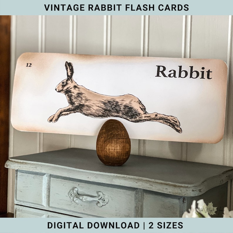 May include: Vintage flashcard featuring a black and white illustration of a rabbit running. The card is labeled "Rabbit" and has the number "12" in the top left corner.