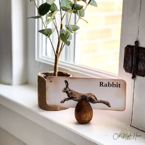 May include: A brown wooden stand with a white card featuring a black and white illustration of a rabbit. The card has the word "Rabbit" printed on it.