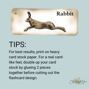 May include: A printable flashcard featuring a black and white illustration of a rabbit with the word "Rabbit" and the number "12" printed on a beige background. The text "TIPS: For best results, print on heavy card stock paper. For a real card-like feel, double up your card stock by glueing 2 pieces together before cutting out the flashcard design." is printed below the image. The text "Old Maple Home" is printed in the bottom right corner.