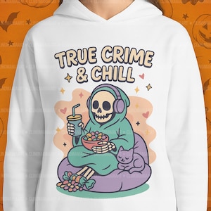 True Crime and Chill PNG: Spooky Skeleton Halloween Design (Digital Download)
