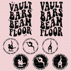 Puede incluir: Diseño gráfico en blanco y negro con el texto "Vault Bars Beam Floor" en una fuente retro. El diseño incluye siluetas de gimnastas realizando ejercicios en la bóveda, las barras asimétricas, la viga de equilibrio y el ejercicio de suelo.
