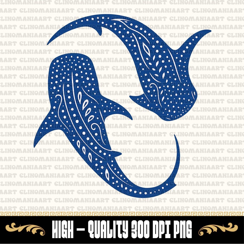 May include: A blue silhouette of two whale sharks facing each other. The sharks are outlined in white and have a white polka dot pattern.