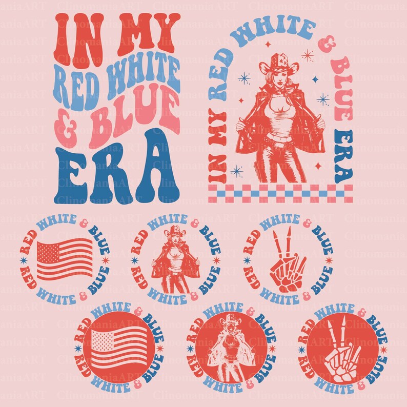 May include: A digital illustration of a red, white, and blue graphic design with the text "In My Red White & Blue Era". The design features a cowboy hat, peace sign, and American flag.