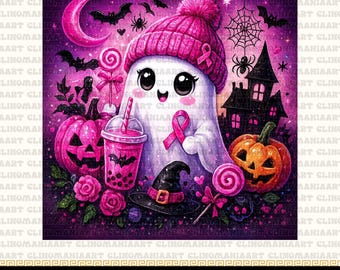 Spooky Ghost Breast Cancer Png, Pink Bougie Ghost Halloween Png, In October We Wear Pink Png, Breast Cancer Awareness Ribbon, Halloween Png