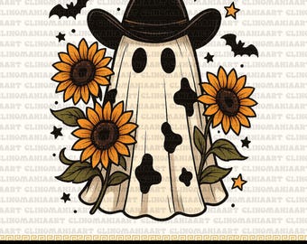 May include: A whimsical illustration of a ghost wearing a cowboy hat, adorned with sunflowers, bats, and stars. The ghost has black cow-like spots. The image includes the text "HIGH - QUALITY 300 DPI PNG".
