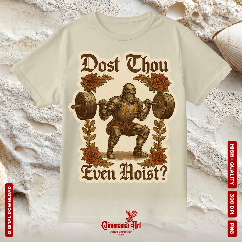 May include: Cream-colored t-shirt featuring a knight lifting weights, with the text "Dost Thou Even Hoist?" in a decorative font. The design includes roses and foliage, with "Clinomania Art" at the bottom.