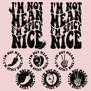 May include: Black and white graphic design featuring the text "I'm not mean, I'm spicy, I'm nice" in a retro font. The design is repeated in different sizes and orientations. There are also six smaller circles with the same text and different icons, including a chilli pepper, a peace sign, and a heart.