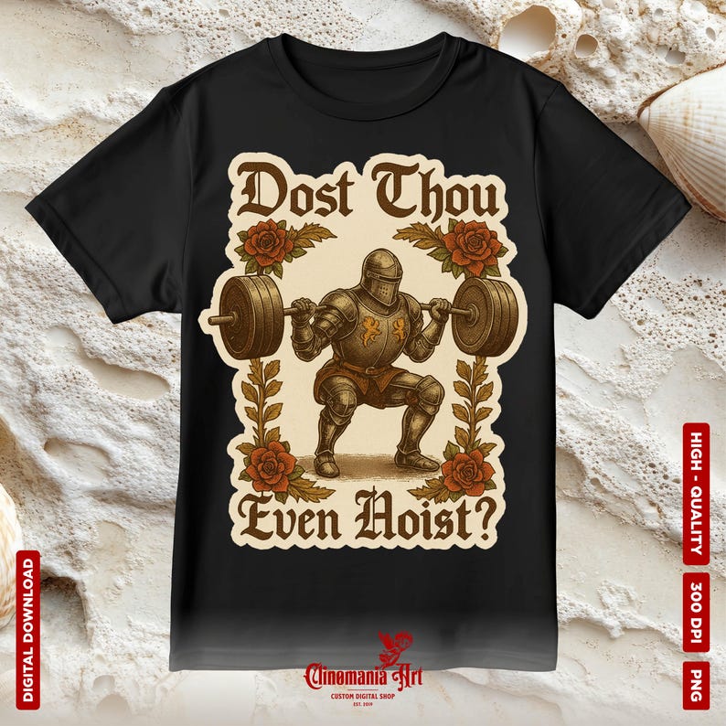 May include: Black t-shirt featuring a knight lifting weights, with the text "Dost Thou Even Hoist?" in a vintage style. The design includes roses and decorative elements, creating a unique graphic tee.