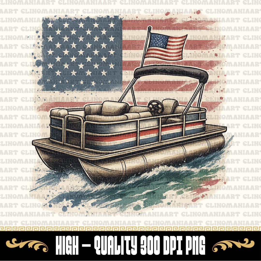 American Pontoon Png, Patriotic Pontoon Boat Png, 4th of July Png