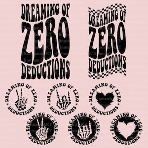 May include: Black and white graphic design featuring the text "Dreaming of Zero Deductions" in a retro font. The design includes a chequered flag, peace sign, heart, and rock and roll hand gesture.