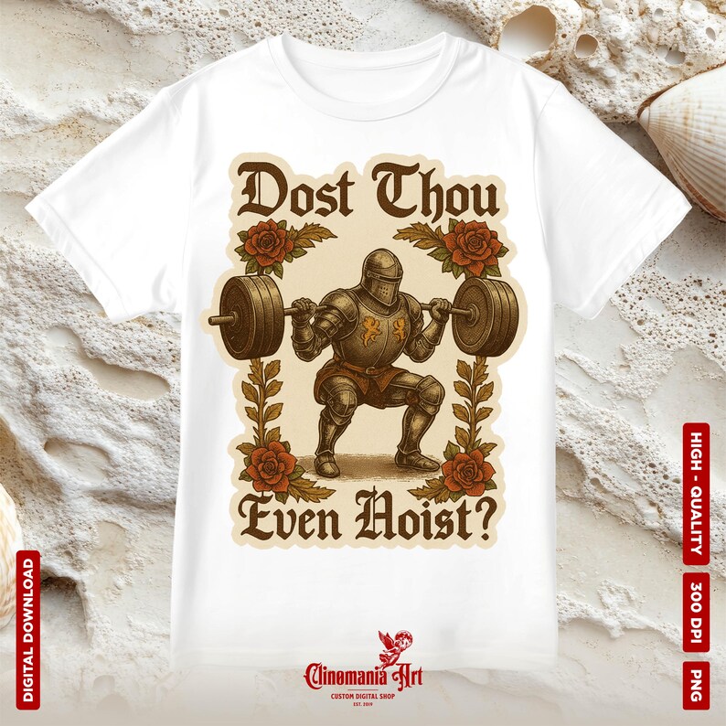 May include: White t-shirt featuring a medieval knight lifting weights, with the text "Dost Thou Even Hoist?" above and below the illustration. The design includes brown roses and decorative elements, with a "Clinomania Art" logo at the bottom.