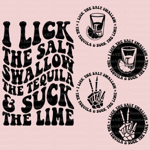 Op de afbeelding: Zwart-wit grafisch ontwerp met de tekst "I lick the salt swallow the tequila & suck the lime" in een retro-lettertype. Er zijn vier ronde ontwerpen met dezelfde tekst in een kleiner lettertype.