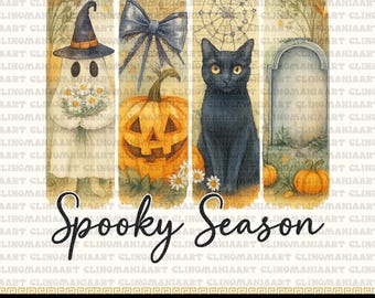 May include: A digital illustration featuring Halloween-themed elements. It includes a ghost wearing a witch hat, a blue bow, a carved pumpkin, a black cat, and a tombstone. The words "Spooky Season" are written in a decorative font. The image is labeled "HIGH - QUALITY 300 DPI PNG".
